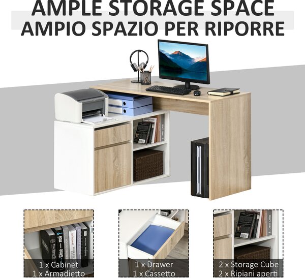 HOMCOM L-Shaped Corner Computer Desk, Oak and White Study Table with Storage Shelf, Drawer for Home Office Aosom UK