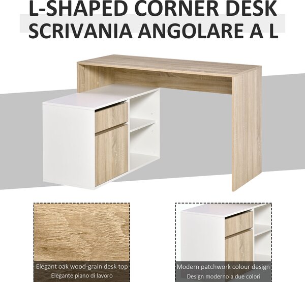 HOMCOM L-Shaped Corner Computer Desk, Oak and White Study Table with Storage Shelf, Drawer for Home Office Aosom UK