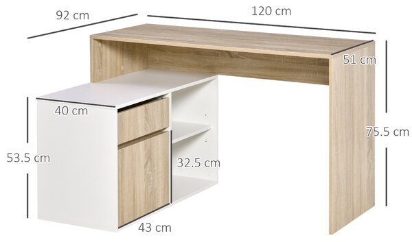 HOMCOM L-Shaped Corner Computer Desk, Oak and White Study Table with Storage Shelf, Drawer for Home Office Aosom UK