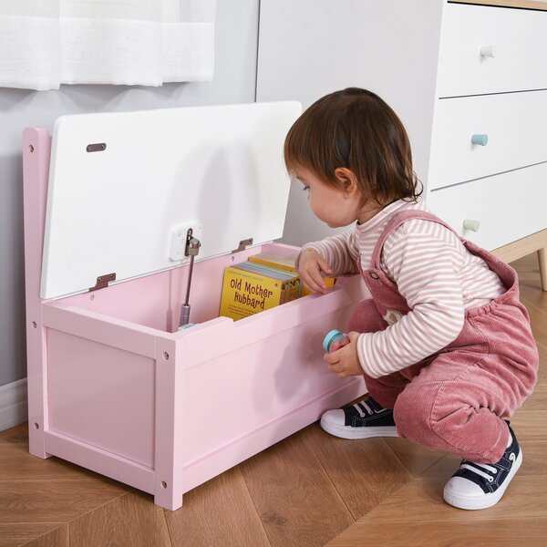 HOMCOM Wooden Toy Box Toy Storage Organizer with the Backrest, the Lid Fitted with a Gas Rod, Safe for Children, Pink Aosom UK