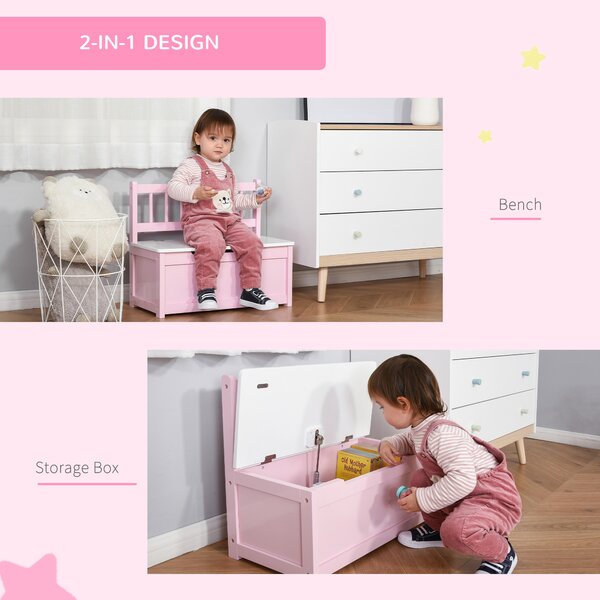 HOMCOM Wooden Toy Box Toy Storage Organizer with the Backrest, the Lid Fitted with a Gas Rod, Safe for Children, Pink Aosom UK