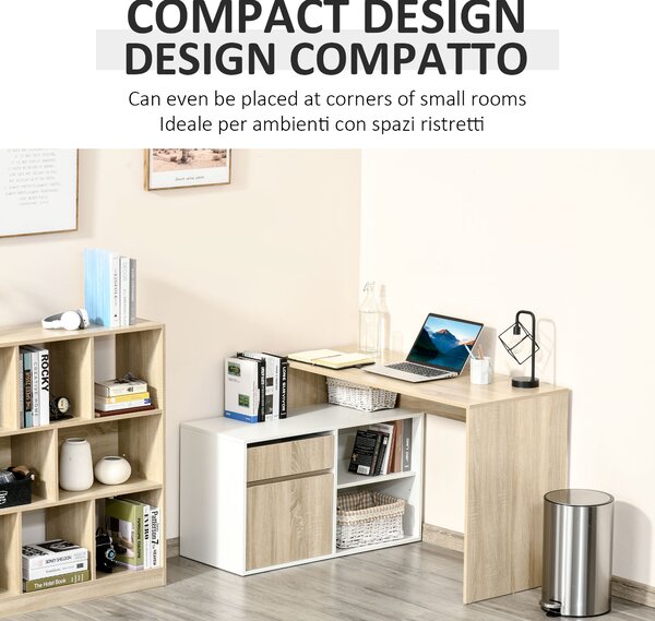 HOMCOM L-Shaped Corner Computer Desk, Oak and White Study Table with Storage Shelf, Drawer for Home Office Aosom UK