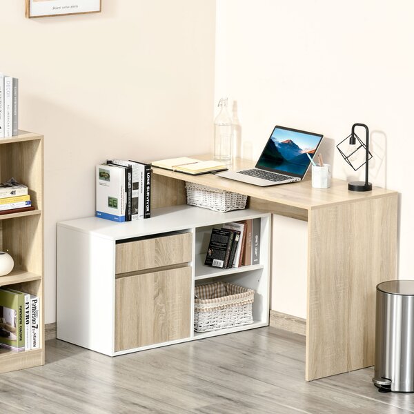HOMCOM L-Shaped Corner Computer Desk, Oak and White Study Table with Storage Shelf, Drawer for Home Office Aosom UK