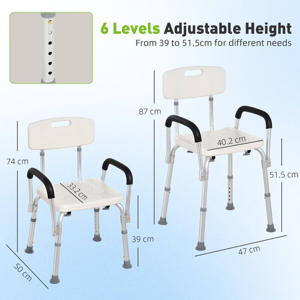 HOMCOM Portable Shower Chair, Adjustable Medical Stool, with Back and Armrest for Enhanced Mobility, White. Aosom UK