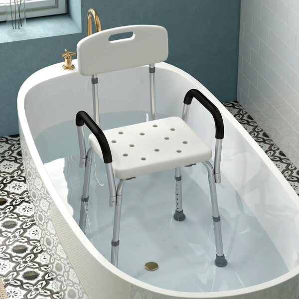 HOMCOM Portable Shower Chair, Adjustable Medical Stool, with Back and Armrest for Enhanced Mobility, White. Aosom UK