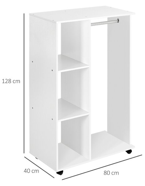 HOMCOM Open Wardrobe with Hanging Rail and Storage Shelves w/Wheels Bedroom-White