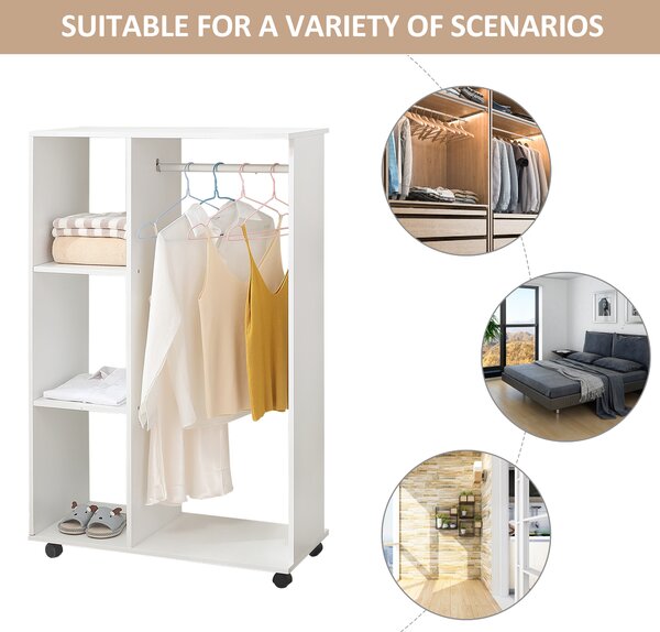 HOMCOM Open Wardrobe with Hanging Rail and Storage Shelves w/Wheels Bedroom-White