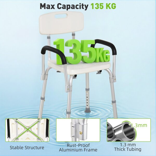 HOMCOM Portable Shower Chair, Adjustable Medical Stool, with Back and Armrest for Enhanced Mobility, White. Aosom UK
