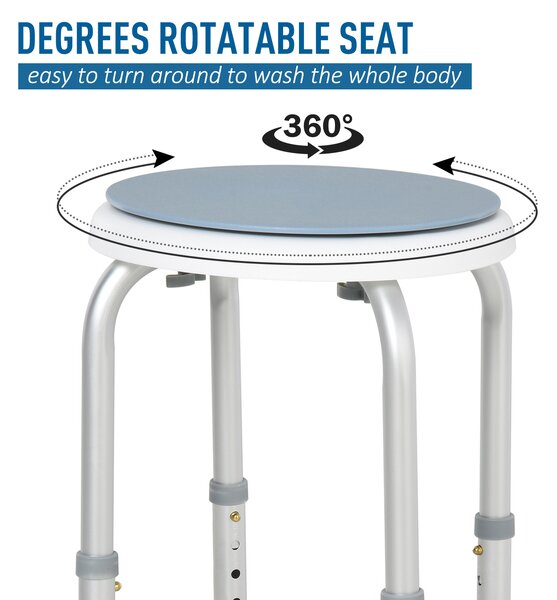 HOMCOM Swivel Shower Seat, Adjustable Height, Aluminium Frame, Non-Slip Feet, Safe Support Chair for Home, White Aosom UK