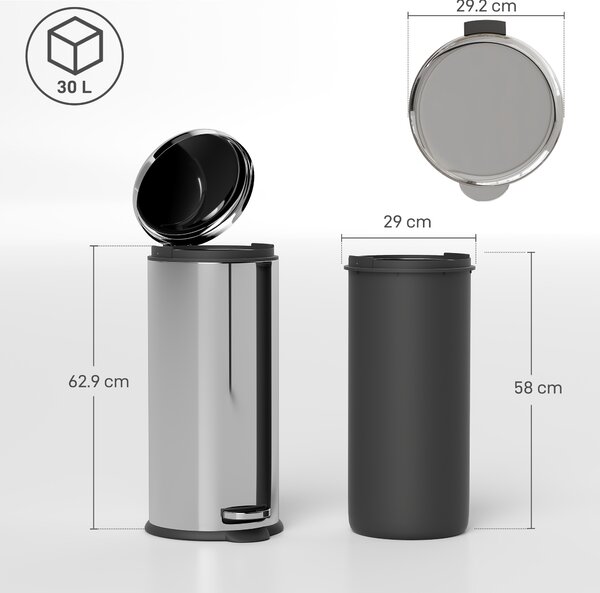 HOMCOM Foot Pedal Bin, Stainless Steel Kitchen Waste Rubbish Bin with Lid, 30L Capacity, Metal Trash Can for Home Use Aosom UK