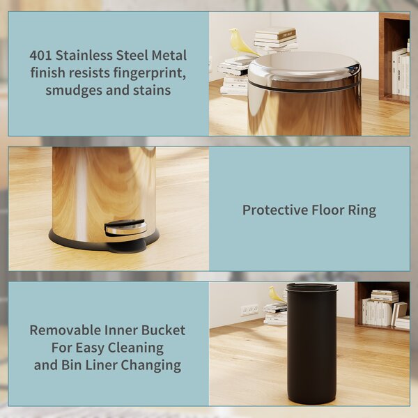 HOMCOM Foot Pedal Bin, Stainless Steel Kitchen Waste Rubbish Bin with Lid, 30L Capacity, Metal Trash Can for Home Use Aosom UK