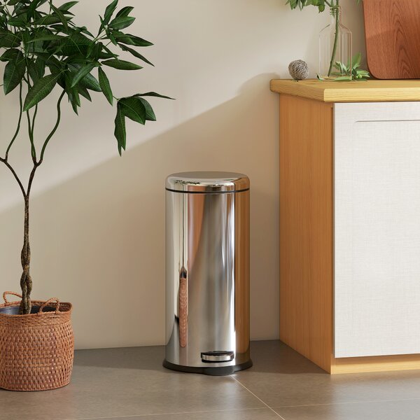 HOMCOM Foot Pedal Bin, Stainless Steel Kitchen Waste Rubbish Bin with Lid, 30L Capacity, Metal Trash Can for Home Use Aosom UK