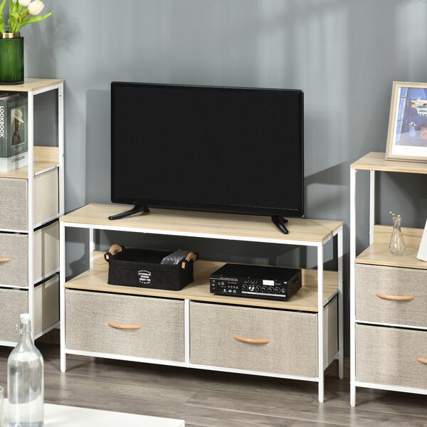 HOMCOM TV Cabinet, TV Console Unit with 2 Foldable Linen Drawers, TV Stand with Shelving for Living Room, Entertainment Room, Wood Effect Aosom UK