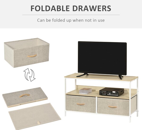 HOMCOM TV Cabinet, TV Console Unit with 2 Foldable Linen Drawers, TV Stand with Shelving for Living Room, Entertainment Room, Wood Effect Aosom UK