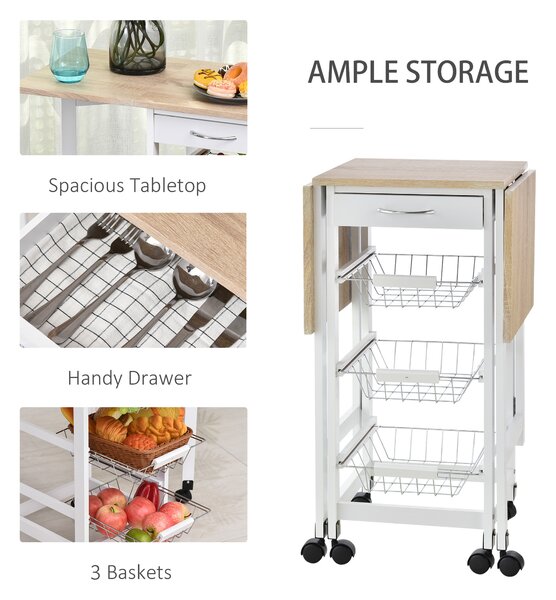 HOMCOM Drop-Leaf Kitchen Trolley w/ 3 Baskets Drawer Surface Top 6 Wheels Rolling Storage Unit Kitchen Home Dining Cart White Oak Tone Aosom UK
