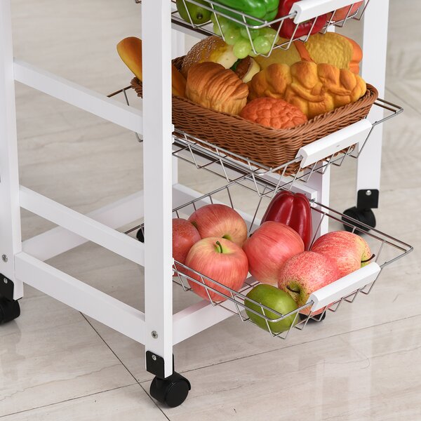 HOMCOM Drop-Leaf Kitchen Trolley w/ 3 Baskets Drawer Surface Top 6 Wheels Rolling Storage Unit Kitchen Home Dining Cart White Oak Tone Aosom UK
