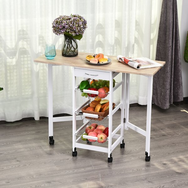 HOMCOM Drop-Leaf Kitchen Trolley w/ 3 Baskets Drawer Surface Top 6 Wheels Rolling Storage Unit Kitchen Home Dining Cart White Oak Tone Aosom UK