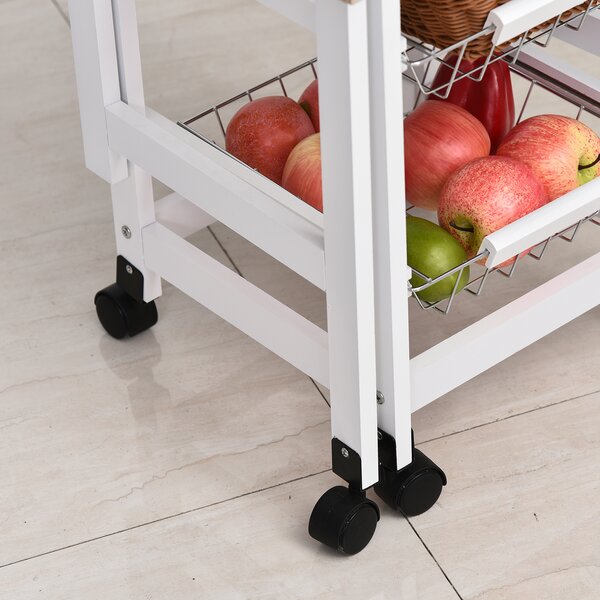 HOMCOM Drop-Leaf Kitchen Trolley w/ 3 Baskets Drawer Surface Top 6 Wheels Rolling Storage Unit Kitchen Home Dining Cart White Oak Tone Aosom UK