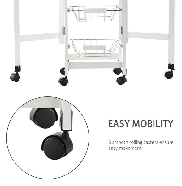 HOMCOM Drop-Leaf Kitchen Trolley w/ 3 Baskets Drawer Surface Top 6 Wheels Rolling Storage Unit Kitchen Home Dining Cart White Oak Tone Aosom UK