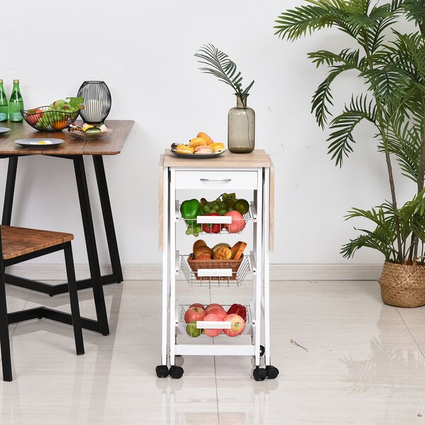HOMCOM Drop-Leaf Kitchen Trolley w/ 3 Baskets Drawer Surface Top 6 Wheels Rolling Storage Unit Kitchen Home Dining Cart White Oak Tone Aosom UK