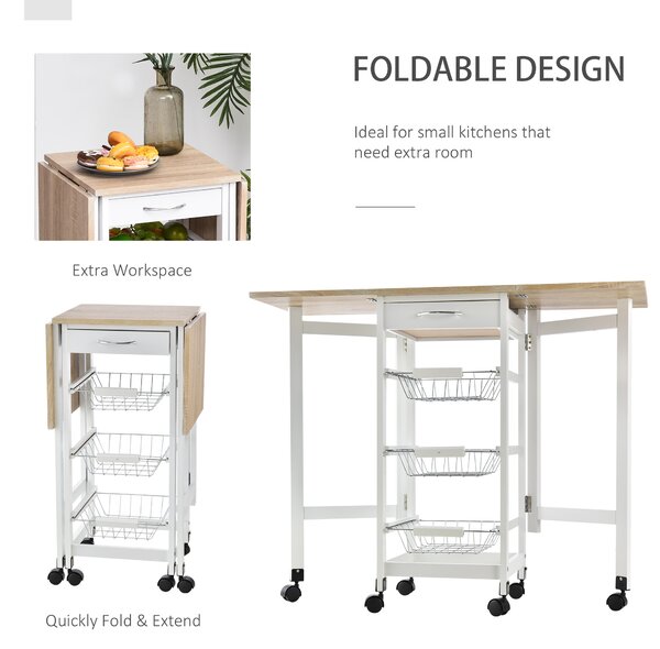 HOMCOM Drop-Leaf Kitchen Trolley w/ 3 Baskets Drawer Surface Top 6 Wheels Rolling Storage Unit Kitchen Home Dining Cart White Oak Tone Aosom UK