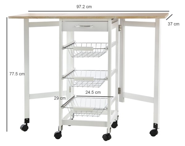 HOMCOM Drop-Leaf Kitchen Trolley w/ 3 Baskets Drawer Surface Top 6 Wheels Rolling Storage Unit Kitchen Home Dining Cart White Oak Tone Aosom UK