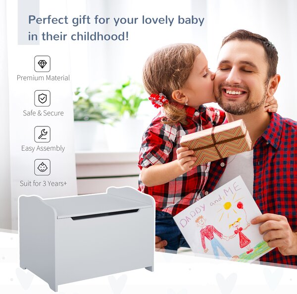 HOMCOM Wooden Kids Children Toy Storage Organizer Chest Safety Hinge Play Room Furniture Grey 60 x 40 x 48 cm Aosom UK