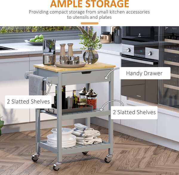 HOMCOM Kitchen Trolley Utility Cart on Wheels with Rubberwood Worktop, Towel Rack, Storage Shelves & Drawer for Dining Room, Grey