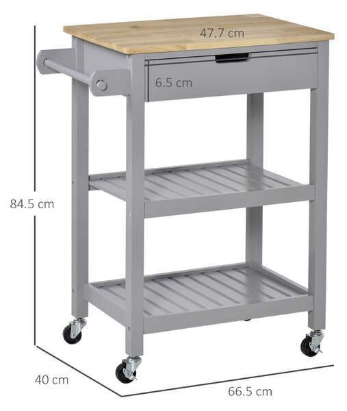 HOMCOM Kitchen Trolley Utility Cart on Wheels with Rubberwood Worktop, Towel Rack, Storage Shelves & Drawer for Dining Room, Grey