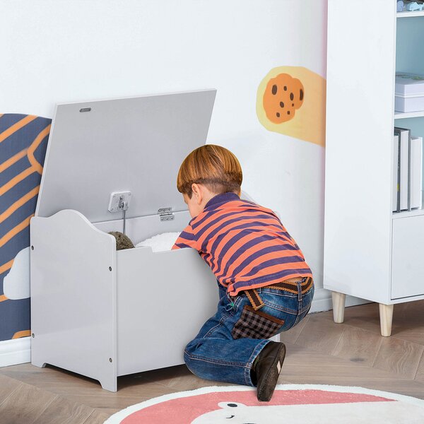 HOMCOM Wooden Kids Children Toy Storage Organizer Chest Safety Hinge Play Room Furniture Grey 60 x 40 x 48 cm Aosom UK