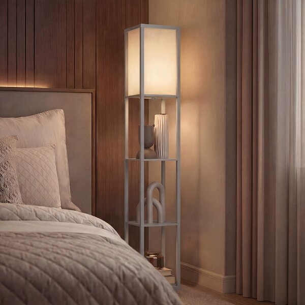 HOMCOM 3-Tier Floor Lamp, Floor Light w/ Storage Shelf, Reading Standing Lamp for Living Room, Bedroom, Office, Dorm, 160cm, Grey Aosom UK