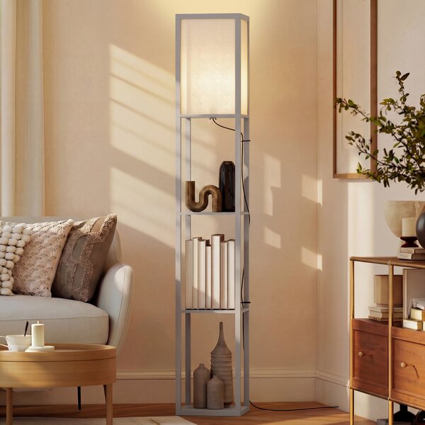 HOMCOM 3-Tier Floor Lamp, Floor Light w/ Storage Shelf, Reading Standing Lamp for Living Room, Bedroom, Office, Dorm, 160cm, Grey Aosom UK
