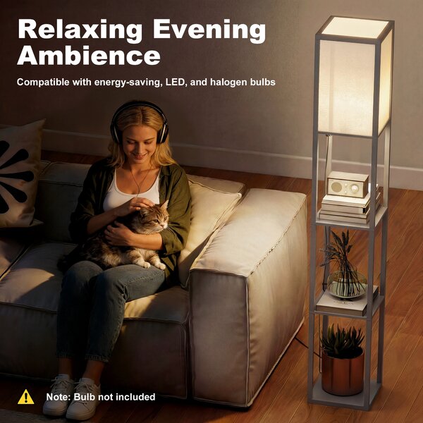 HOMCOM 3-Tier Floor Lamp, Floor Light w/ Storage Shelf, Reading Standing Lamp for Living Room, Bedroom, Office, Dorm, 160cm, Grey Aosom UK