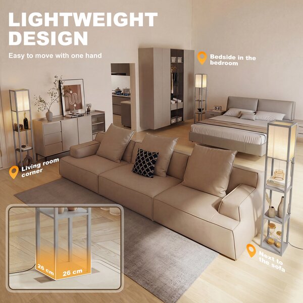 HOMCOM 3-Tier Floor Lamp, Floor Light w/ Storage Shelf, Reading Standing Lamp for Living Room, Bedroom, Office, Dorm, 160cm, Grey Aosom UK
