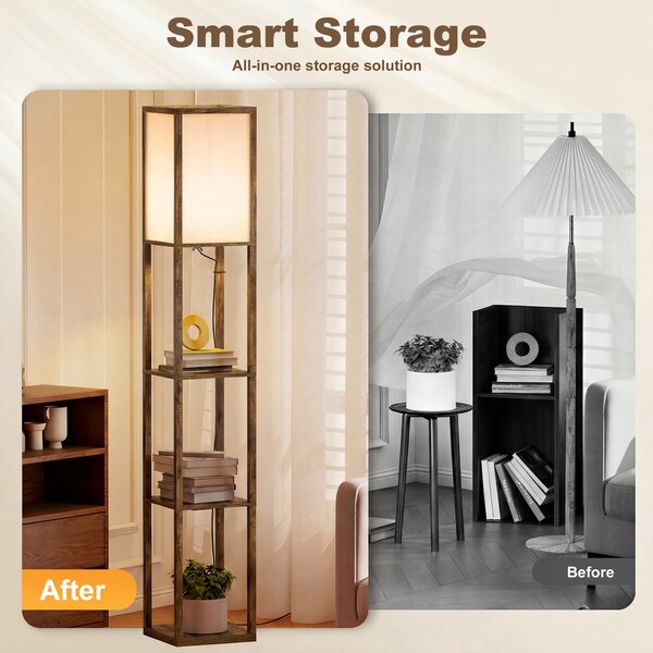 HOMCOM Floor Lamp with Shelves, Floor Light w/ Storage Shelf, Floor Standing Lamp for Living Room, Bedroom, Office, Dorm, Brown Aosom UK