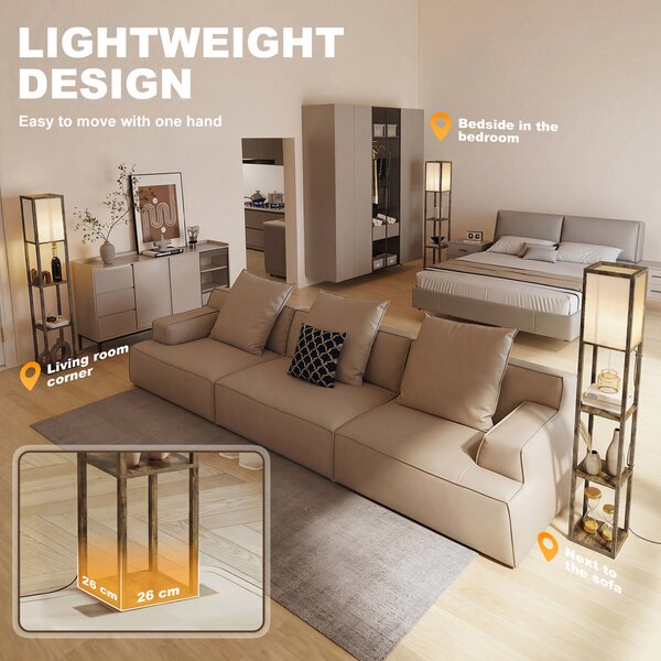 HOMCOM Floor Lamp with Shelves, Floor Light w/ Storage Shelf, Floor Standing Lamp for Living Room, Bedroom, Office, Dorm, Brown Aosom UK