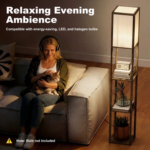 HOMCOM Floor Lamp with Shelves, Floor Light w/ Storage Shelf, Floor Standing Lamp for Living Room, Bedroom, Office, Dorm, Brown Aosom UK
