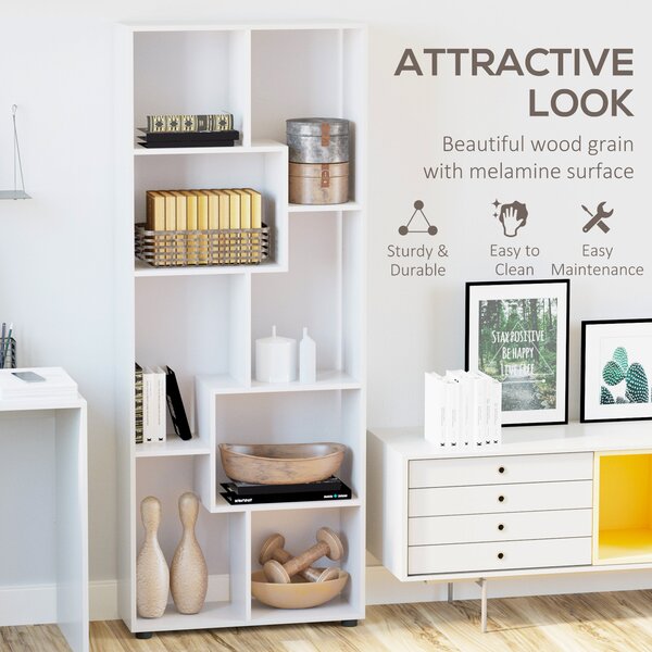 HOMCOM Freestanding 8-Tier Bookcase: With Melamine Surface, Anti-Tipping Foot Pads, Modern Home Display Storage Grid Stand, White Aosom UK
