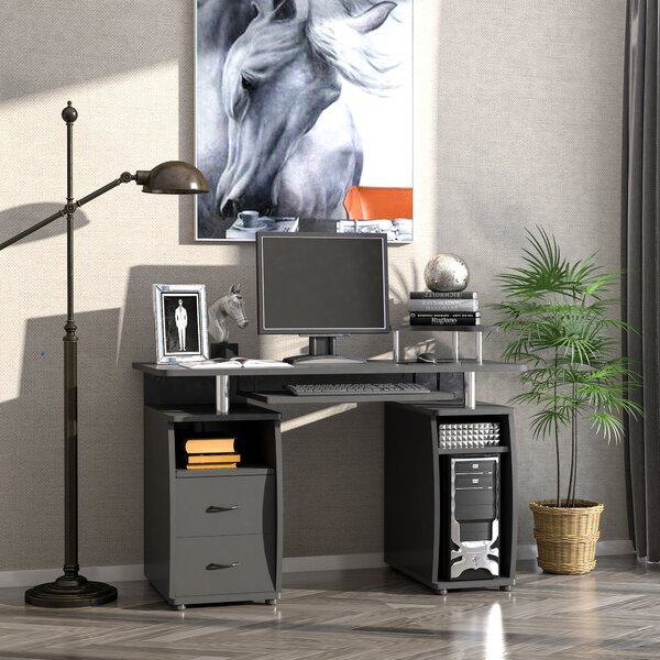 HOMCOM Computer Desk Office PC Table Workstation with Keyboard Tray, CPU Shelf, Drawers, Sliding Scanner Shelf, Black Aosom UK
