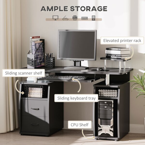 HOMCOM Computer Desk Office PC Table Workstation with Keyboard Tray, CPU Shelf, Drawers, Sliding Scanner Shelf, Black Aosom UK