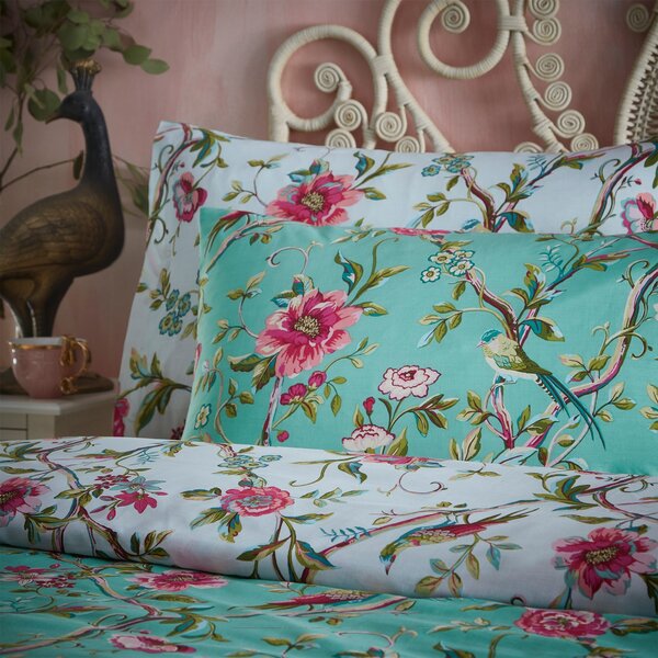 Furn. Vintage Chinoiserie Jade Floral Reversible Duvet Cover and Pillowcase Set