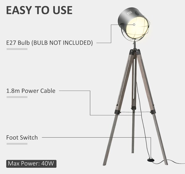 HOMCOM Tripod Floor Lamp: Industrial Vintage Spotlight with Wooden Legs for Living Room & Bedroom, E27 Base Aosom UK