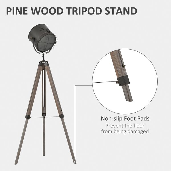 HOMCOM Tripod Floor Lamp: Industrial Vintage Spotlight with Wooden Legs for Living Room & Bedroom, E27 Base Aosom UK