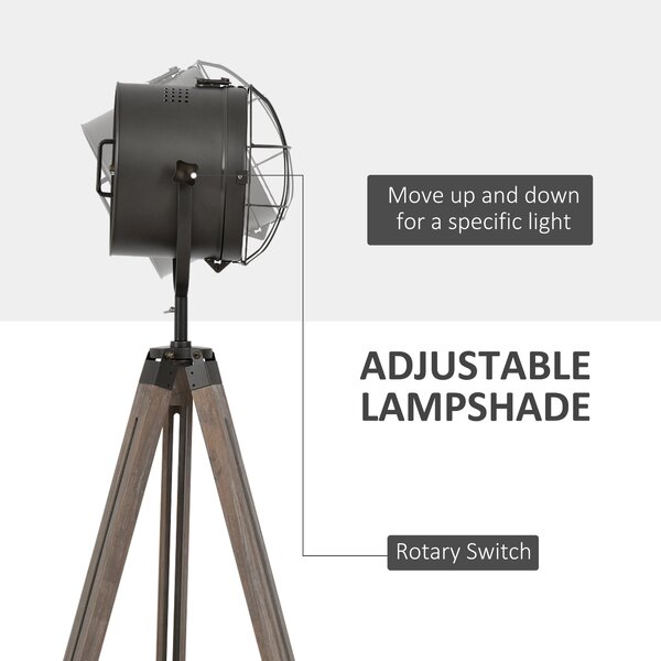HOMCOM Tripod Floor Lamp: Industrial Vintage Spotlight with Wooden Legs for Living Room & Bedroom, E27 Base Aosom UK