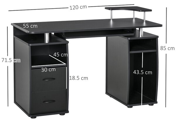 HOMCOM Computer Desk Office PC Table Workstation with Keyboard Tray, CPU Shelf, Drawers, Sliding Scanner Shelf, Black Aosom UK