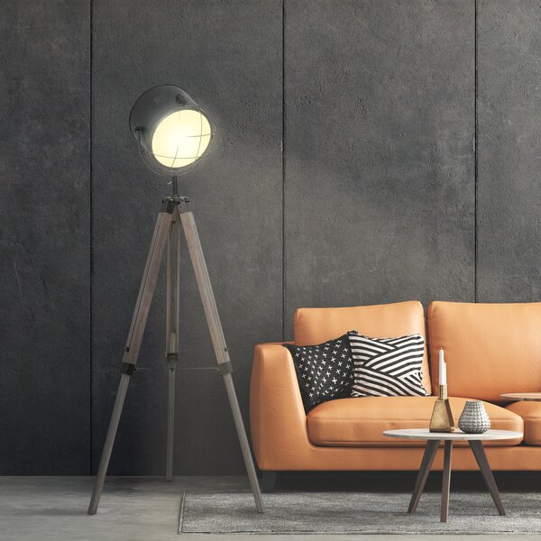 HOMCOM Tripod Floor Lamp: Industrial Vintage Spotlight with Wooden Legs for Living Room & Bedroom, E27 Base Aosom UK