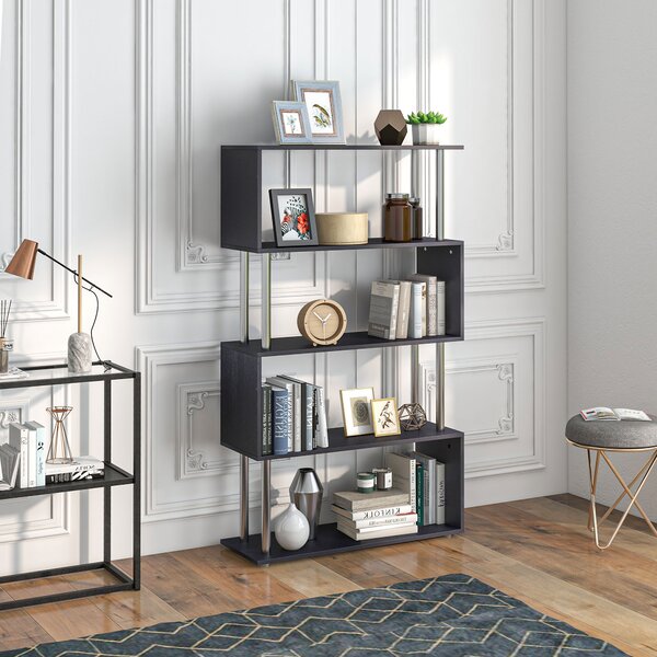 HOMCOM S-Shaped Bookcase, Contemporary Wooden Bookshelf Dividers, Spacious Storage Display Unit, Elegant Black, Ideal for Home and Office Aosom UK