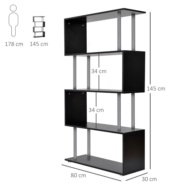 HOMCOM S-Shaped Bookcase, Contemporary Wooden Bookshelf Dividers, Spacious Storage Display Unit, Elegant Black, Ideal for Home and Office Aosom UK