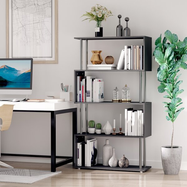 HOMCOM S-Shaped Bookcase, Contemporary Wooden Bookshelf Dividers, Spacious Storage Display Unit, Elegant Black, Ideal for Home and Office Aosom UK