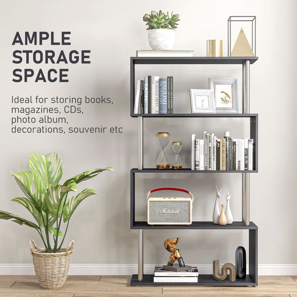 HOMCOM S-Shaped Bookcase, Contemporary Wooden Bookshelf Dividers, Spacious Storage Display Unit, Elegant Black, Ideal for Home and Office Aosom UK